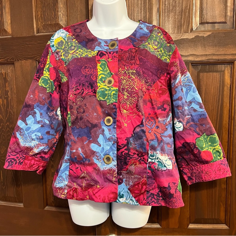 Coldwater Creek Watercolor Colorful Art to Wear Patterned Jacket Pink Gold boho
